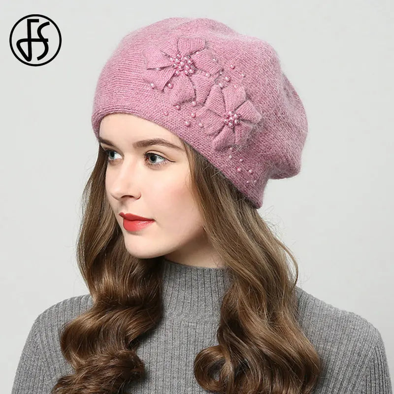 FS Winter Hats For Women Beanie Rabbit Fur 2023 Warm Knitted Hat Flower Double Layers Warm Beret Snow Caps Gorros Femme