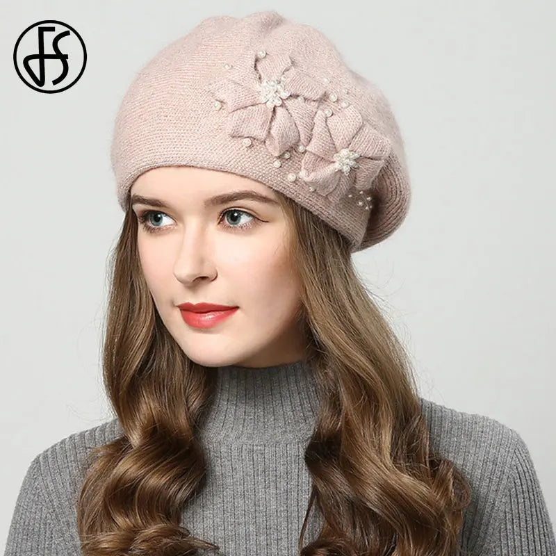 FS Winter Hats For Women Beanie Rabbit Fur 2023 Warm Knitted Hat Flower Double Layers Warm Beret Snow Caps Gorros Femme