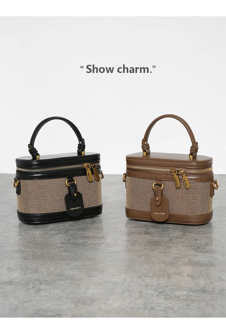 Retro Single Shoulder Crossbody Handbag for Women Fashionable Retro Box Bag with Zip Nylon Contrast Color Bucket Bag