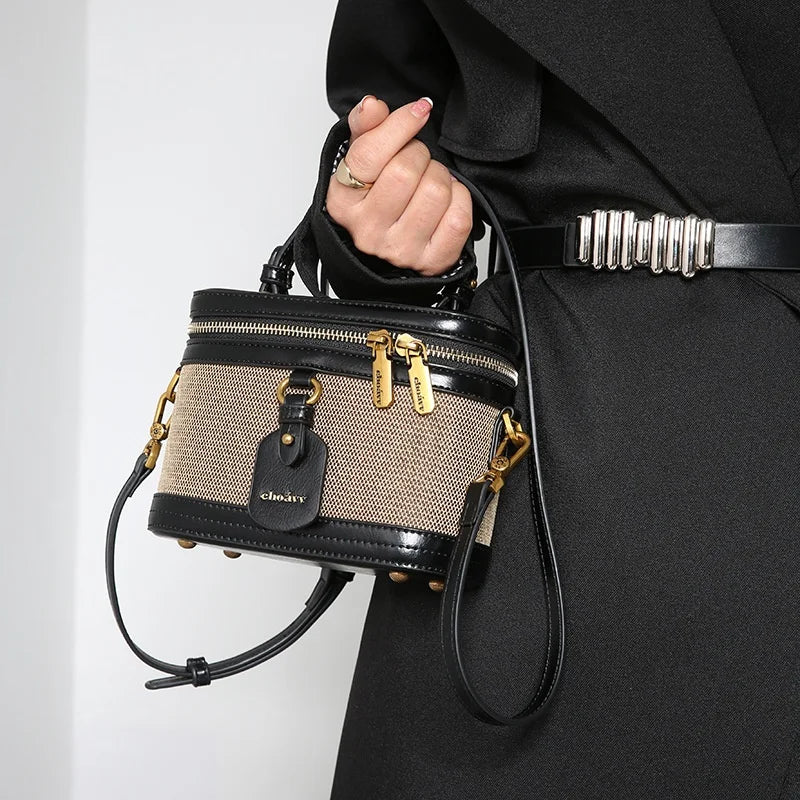 Retro Single Shoulder Crossbody Handbag for Women Fashionable Retro Box Bag with Zip Nylon Contrast Color Bucket Bag