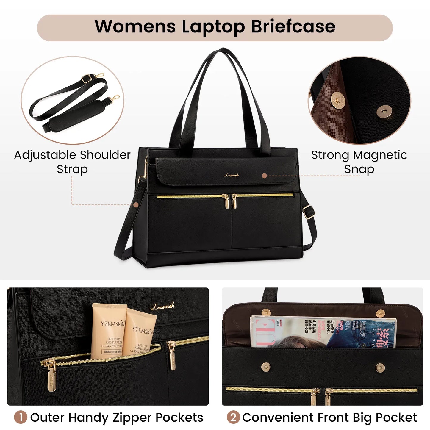 LOVEVOOK PU Leather Computer Briefcase Office Lady Shoulder Tote Handbag Large Capacity Business 15.6 Inch Laptop Bag for Women