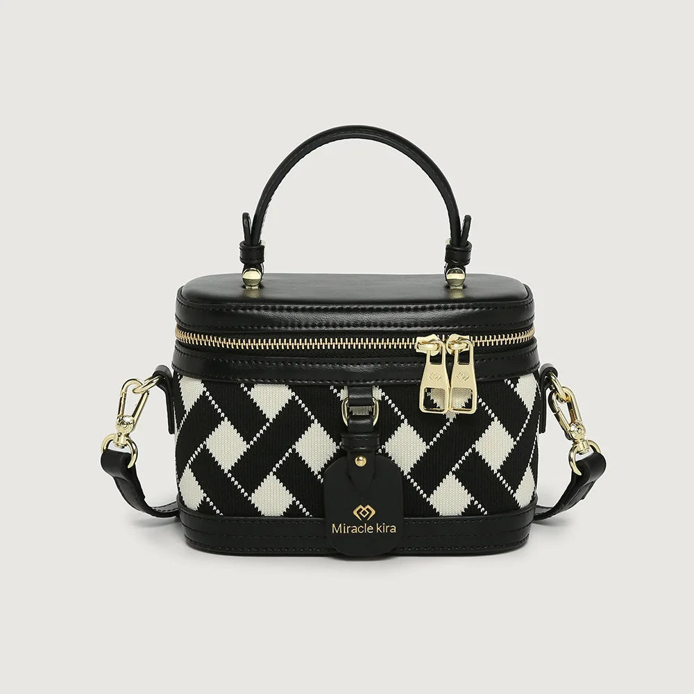 Retro Single Shoulder Crossbody Handbag for Women Fashionable Retro Box Bag with Zip Nylon Contrast Color Bucket Bag