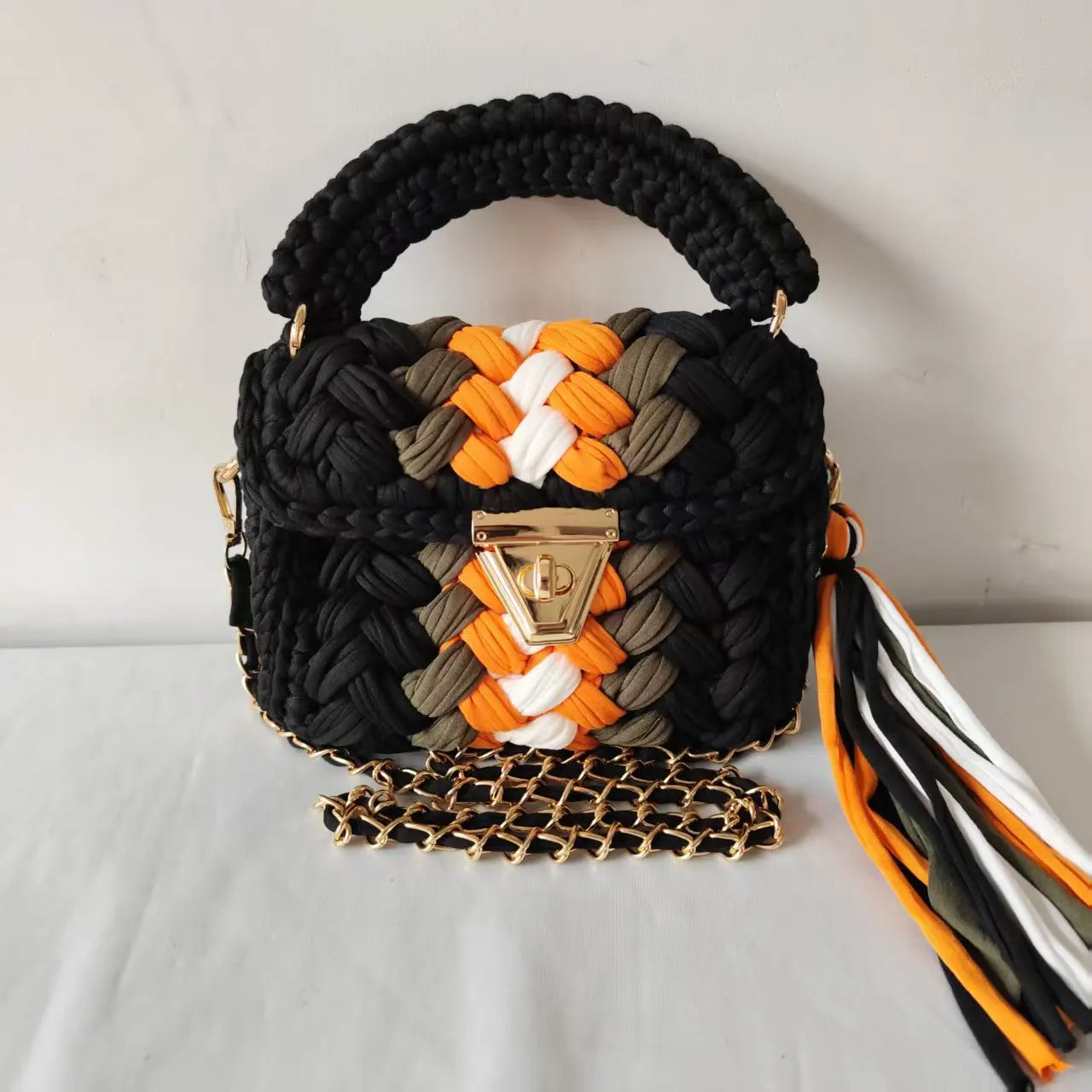 2025 Autumn New Handmade Crochet Color-blocked Strap Chain Handbag
