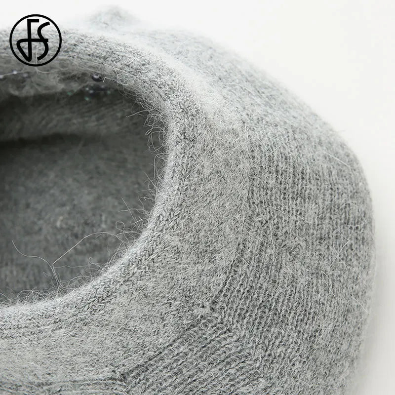 FS Winter Hats For Women Beanie Rabbit Fur 2023 Warm Knitted Hat Flower Double Layers Warm Beret Snow Caps Gorros Femme