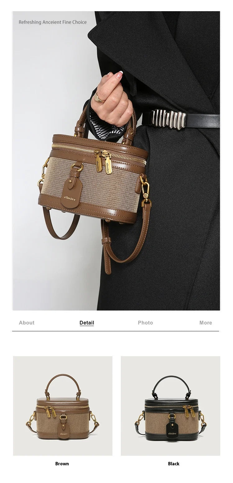 Retro Single Shoulder Crossbody Handbag for Women Fashionable Retro Box Bag with Zip Nylon Contrast Color Bucket Bag