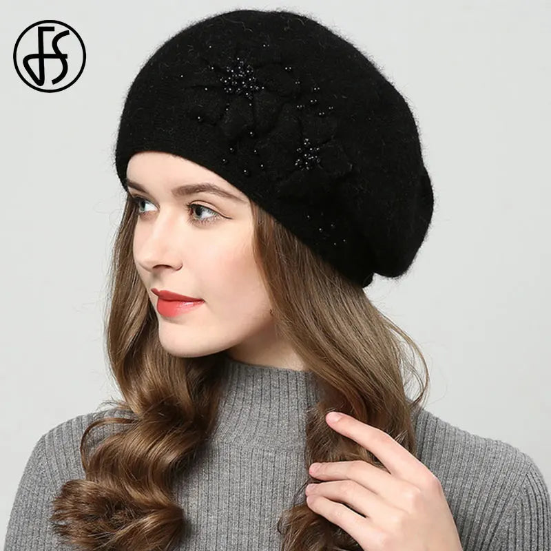 FS Winter Hats For Women Beanie Rabbit Fur 2023 Warm Knitted Hat Flower Double Layers Warm Beret Snow Caps Gorros Femme