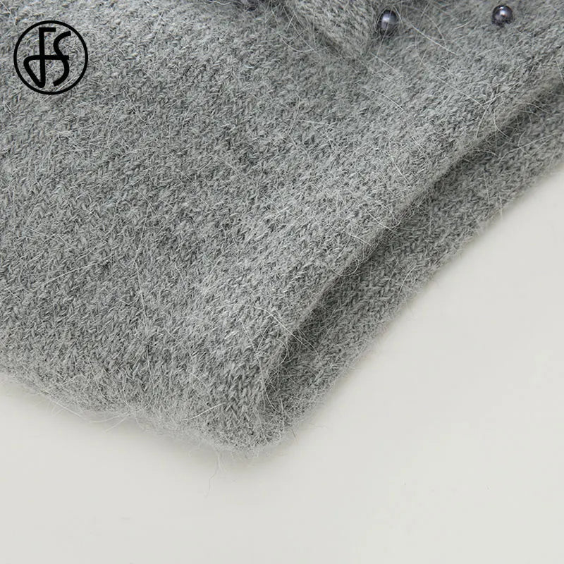 FS Winter Hats For Women Beanie Rabbit Fur 2023 Warm Knitted Hat Flower Double Layers Warm Beret Snow Caps Gorros Femme