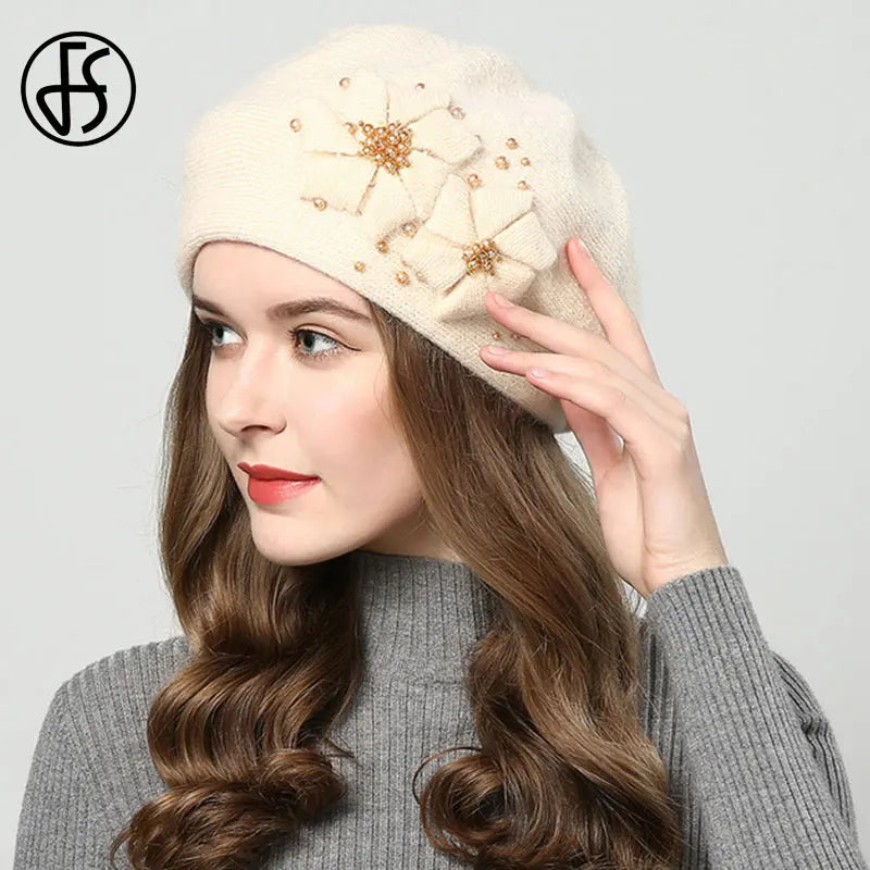 FS Winter Hats For Women Beanie Rabbit Fur 2023 Warm Knitted Hat Flower Double Layers Warm Beret Snow Caps Gorros Femme