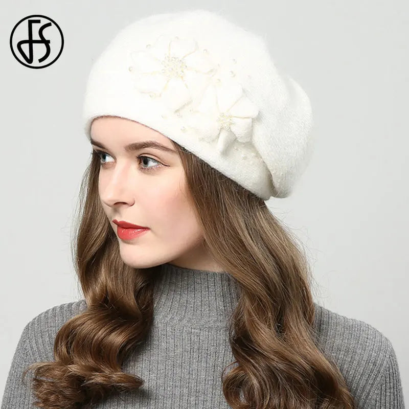 FS Winter Hats For Women Beanie Rabbit Fur 2023 Warm Knitted Hat Flower Double Layers Warm Beret Snow Caps Gorros Femme