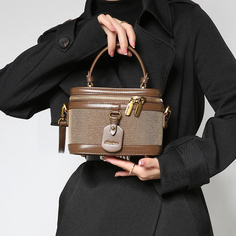 Retro Single Shoulder Crossbody Handbag for Women Fashionable Retro Box Bag with Zip Nylon Contrast Color Bucket Bag
