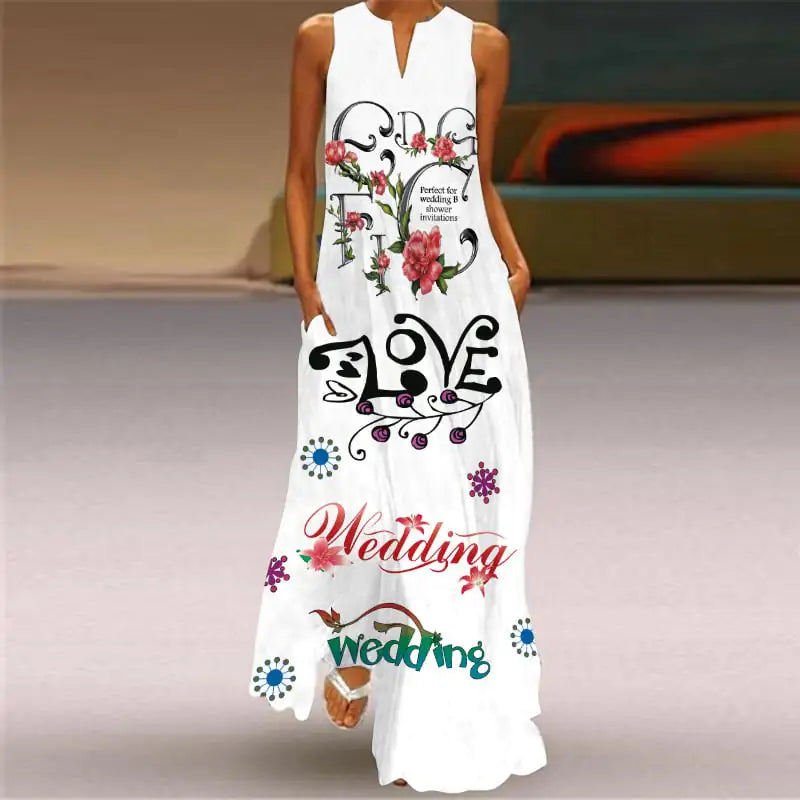 V-Neck Sleeveless Pocket Dress with Digital Print