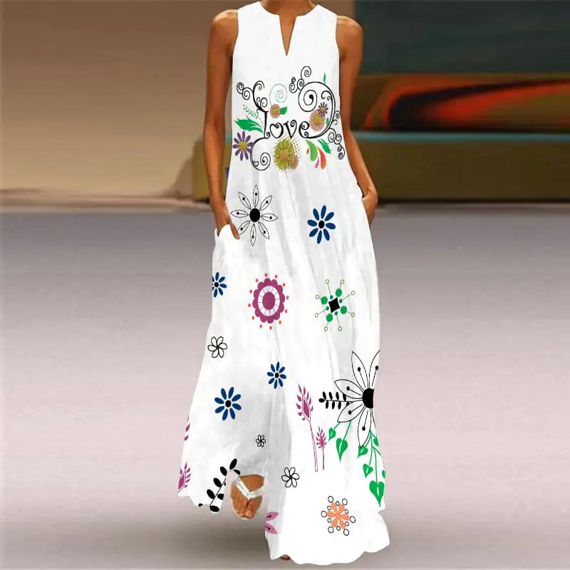 V-Neck Sleeveless Pocket Dress with Digital Print