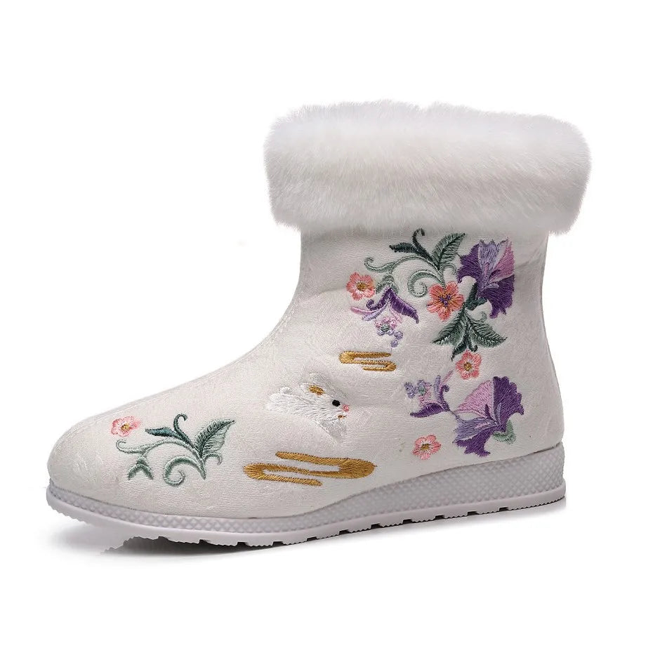 Fashion Winter Boots Women's Shoes Ethnic Style Embroidered Short Boots Women Warm Snow Shoes Female Antiquity Dance Flat Boot
