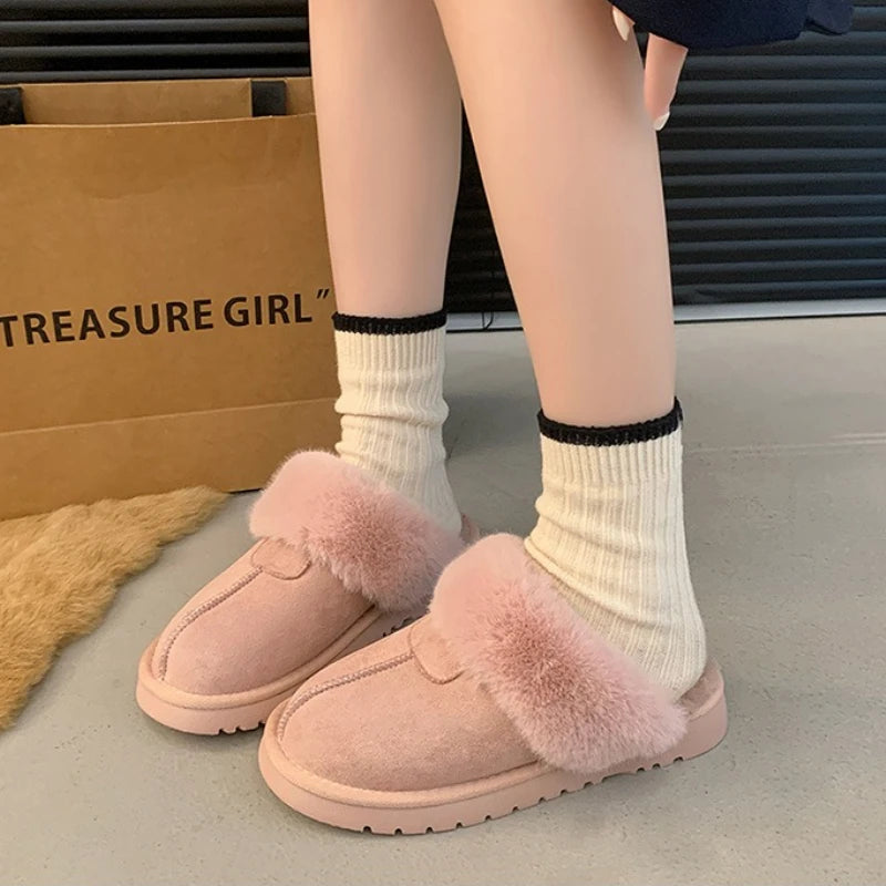 2025 New Furry Brand Designer Winter Fashion Round Toe Warm Women Ankle Boots Comfortable Shallow Slip-on Snow Boots Botas Mujer