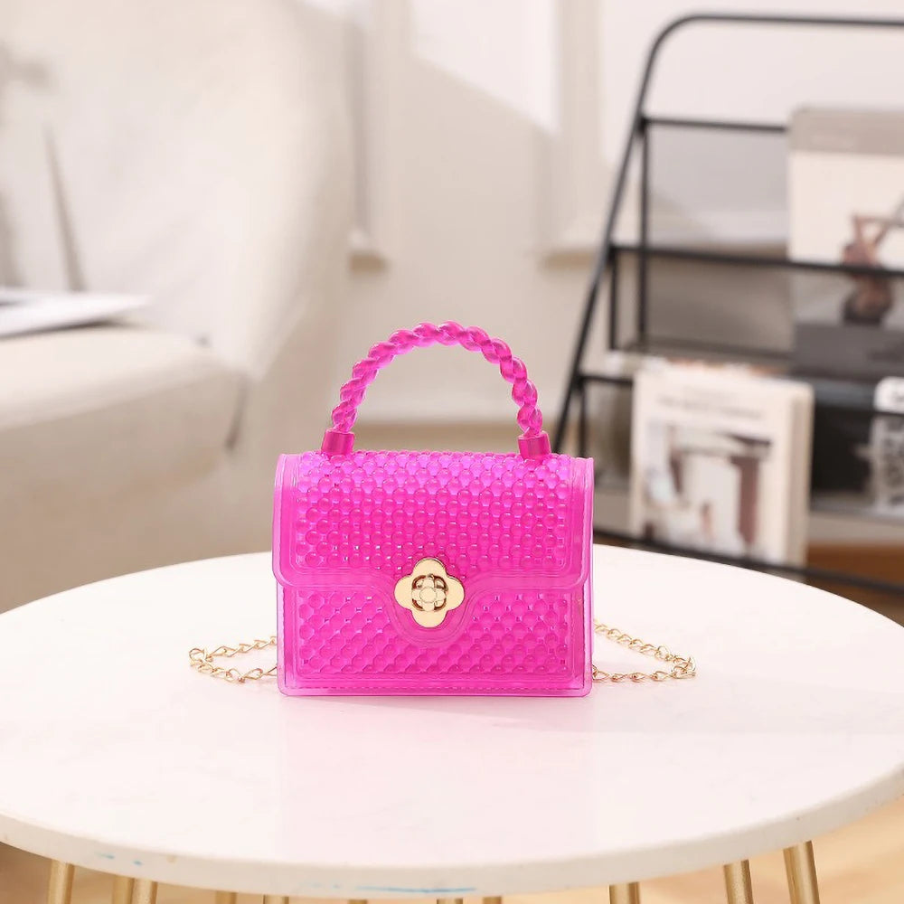 Trendy Red Jelly Shoulder Bag - Mini Fried Dough Twists Pattern Cute Handheld Purse with Metal Chain Strap for Women