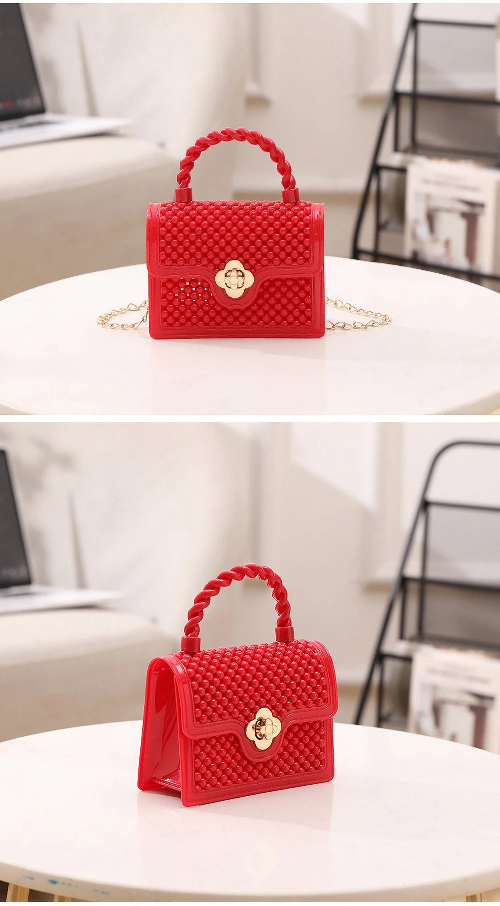 Trendy Red Jelly Shoulder Bag - Mini Fried Dough Twists Pattern Cute Handheld Purse with Metal Chain Strap for Women