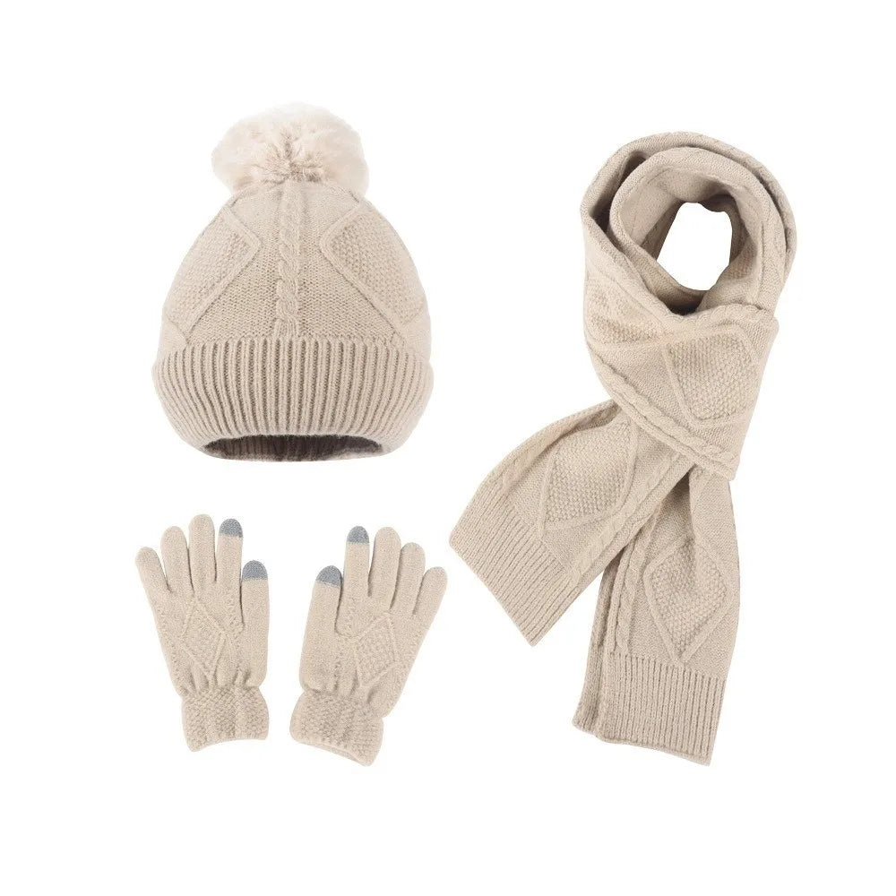 Beanies Cap Elastic Scarf and Hat Set Touch Screen Warm Cold Proof Gloves Ball Rhombus Patterned Knitted Scarf Women