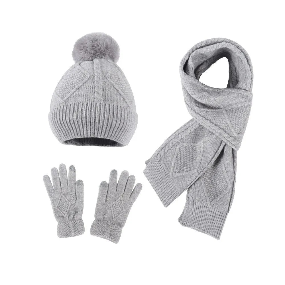 Beanies Cap Elastic Scarf and Hat Set Touch Screen Warm Cold Proof Gloves Ball Rhombus Patterned Knitted Scarf Women