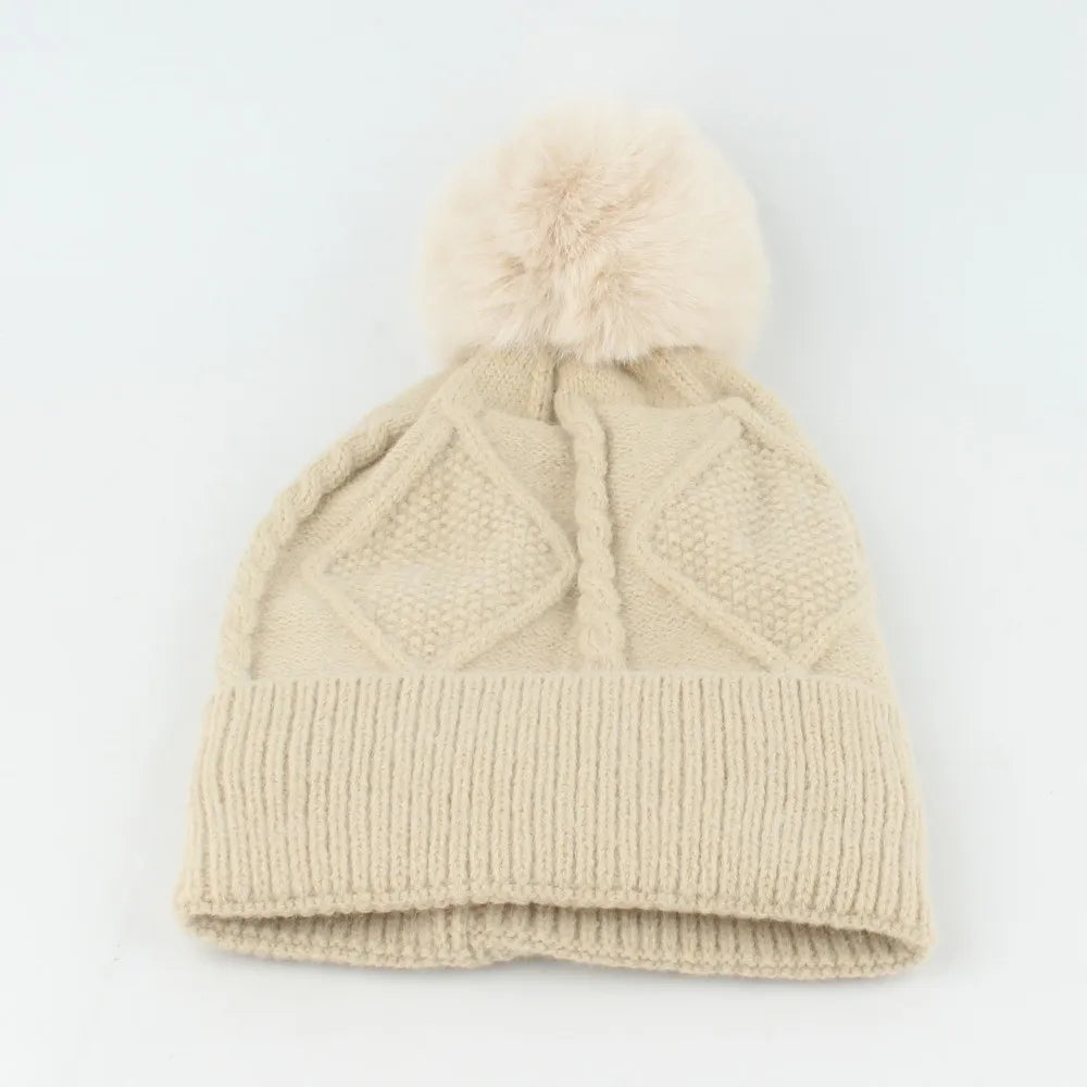 Beanies Cap Elastic Scarf and Hat Set Touch Screen Warm Cold Proof Gloves Ball Rhombus Patterned Knitted Scarf Women