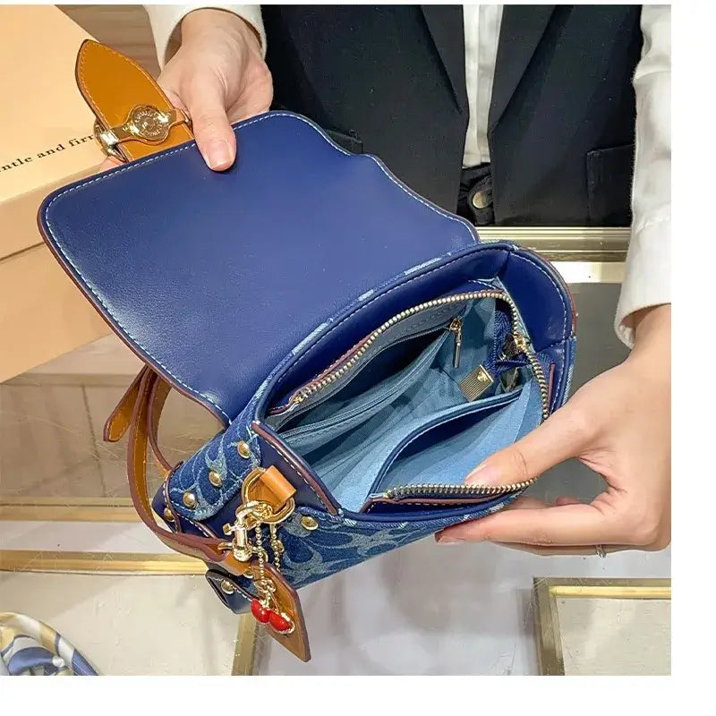 Ladies' handbag, light luxury retro denim canvas box bag, 2025 new high-end style, contrasting color single shoulder small squa