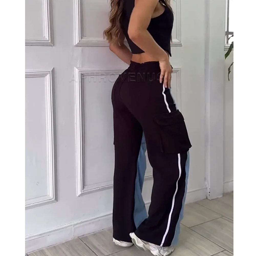 Fashion Women's Patchwork Jeans Women High Waist Pants Casual Retro Hip-hop Denim Straight Trouser Wide Leg Jeans