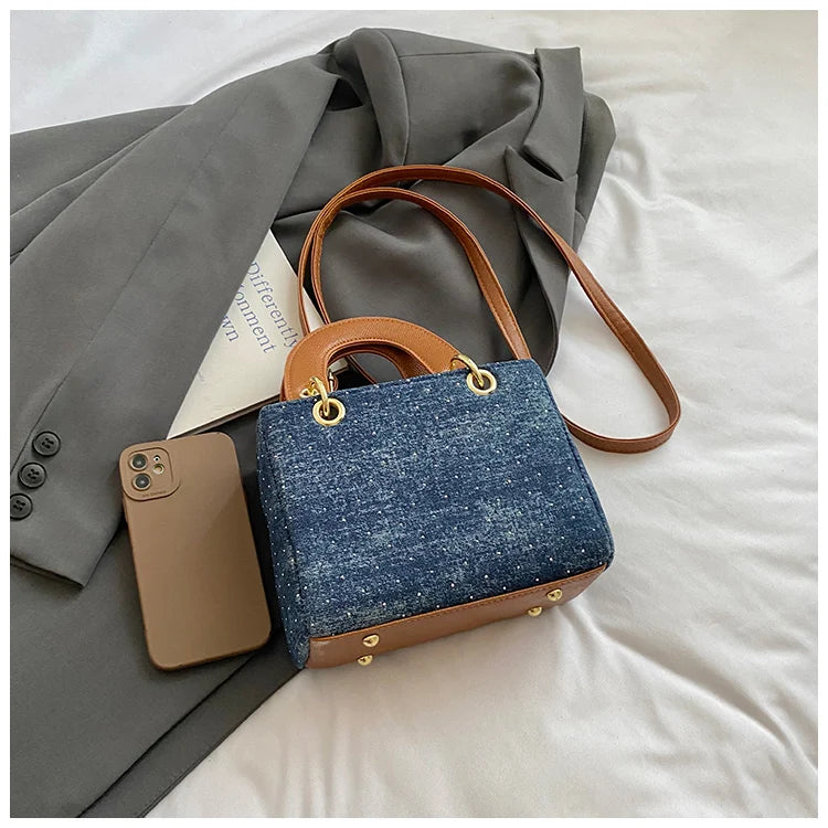 Women's Diamond Denim Clotch Handbag Korean Chic Retro Mini Single Shoulder Crossbody Bags Elegant Luxury Party Square Clutch