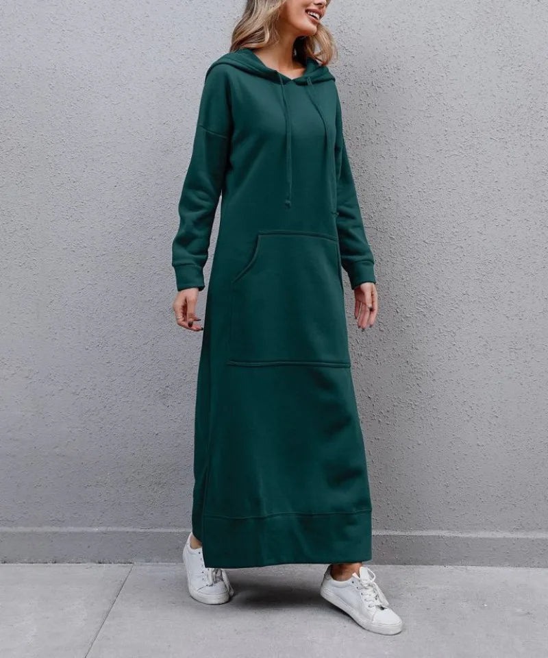 Hoodies Dress for Women Fashion  2024 Hem Lace-up Midi Robe Hooded Long Vestidos Winter Warm Casual Loose Sweatshirt Dress