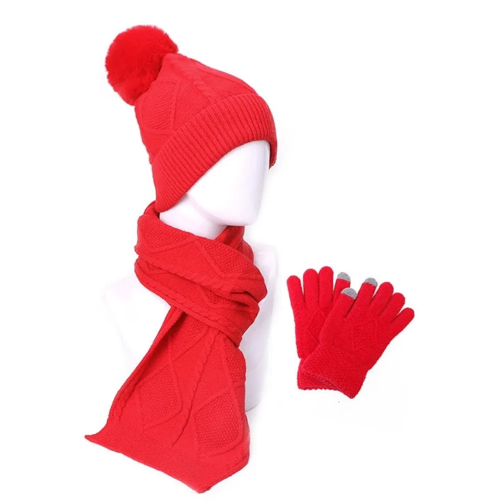 Beanies Cap Elastic Scarf and Hat Set Touch Screen Warm Cold Proof Gloves Ball Rhombus Patterned Knitted Scarf Women