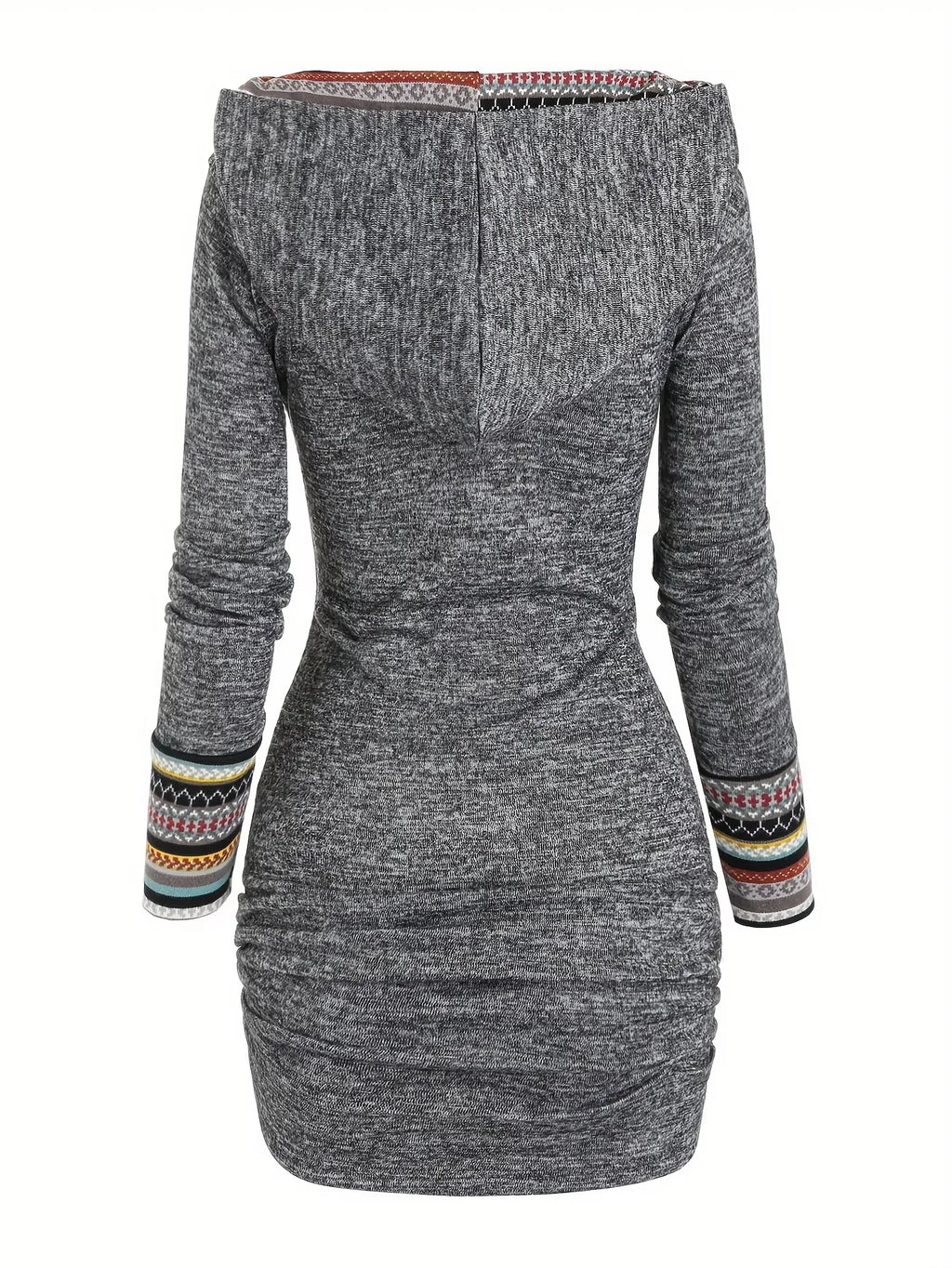 European and American explosions fashion women's ethnic style geometric stripe stitching hooded knitted long-sleeved tight dress