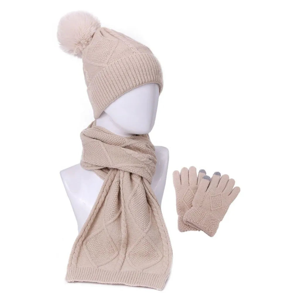 Beanies Cap Elastic Scarf and Hat Set Touch Screen Warm Cold Proof Gloves Ball Rhombus Patterned Knitted Scarf Women
