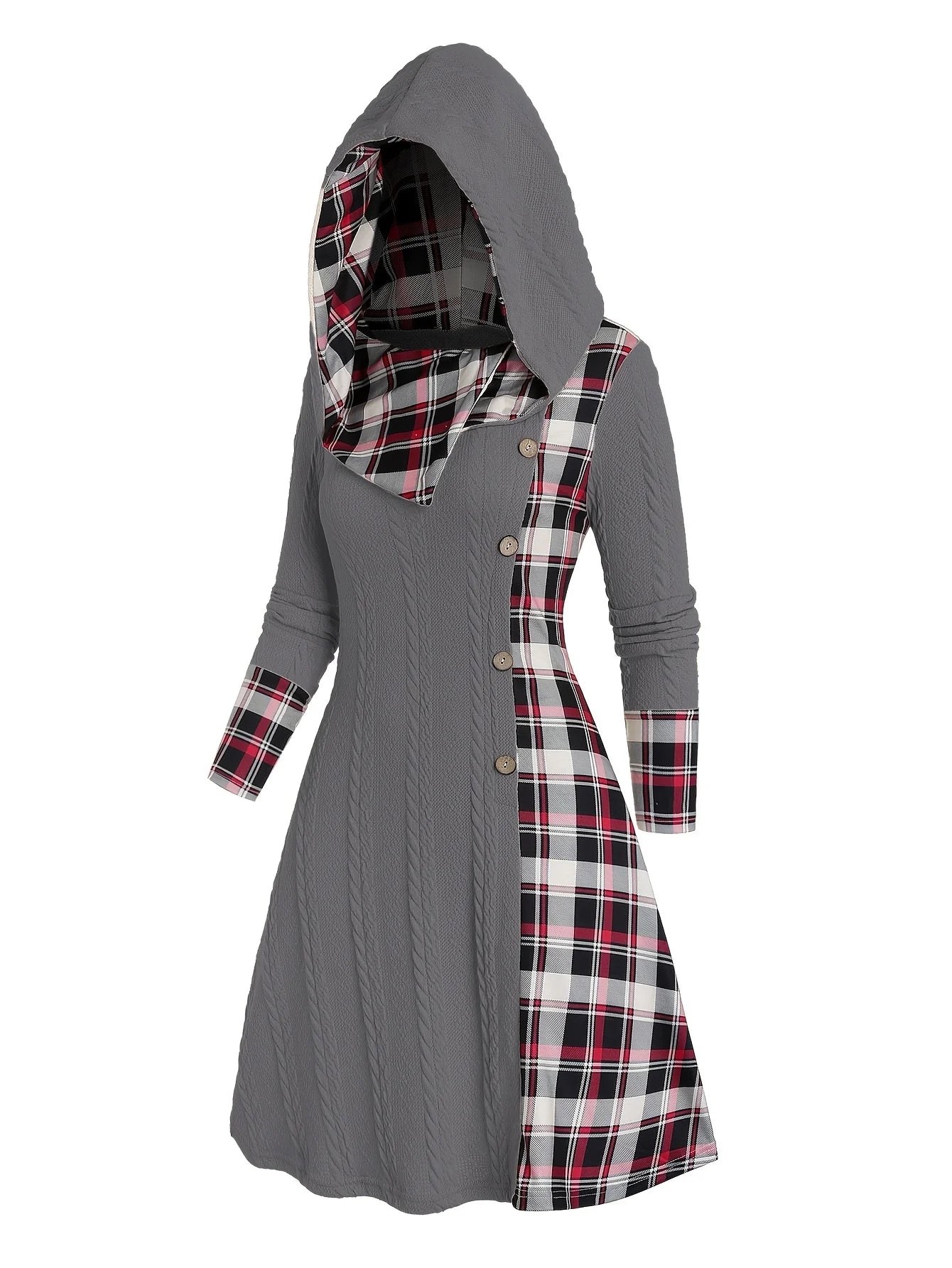 Knitted hooded dress plaid print stitching fake buckle high waist long sleeve A-line dress female