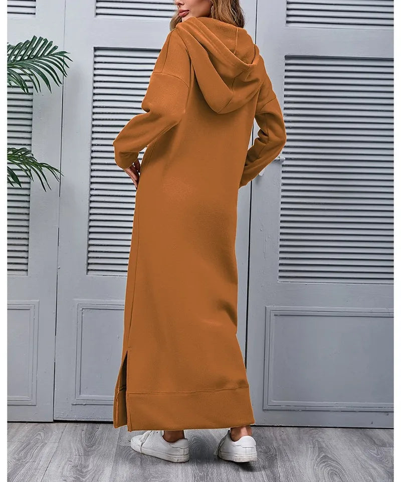 Hoodies Dress for Women Fashion  2024 Hem Lace-up Midi Robe Hooded Long Vestidos Winter Warm Casual Loose Sweatshirt Dress