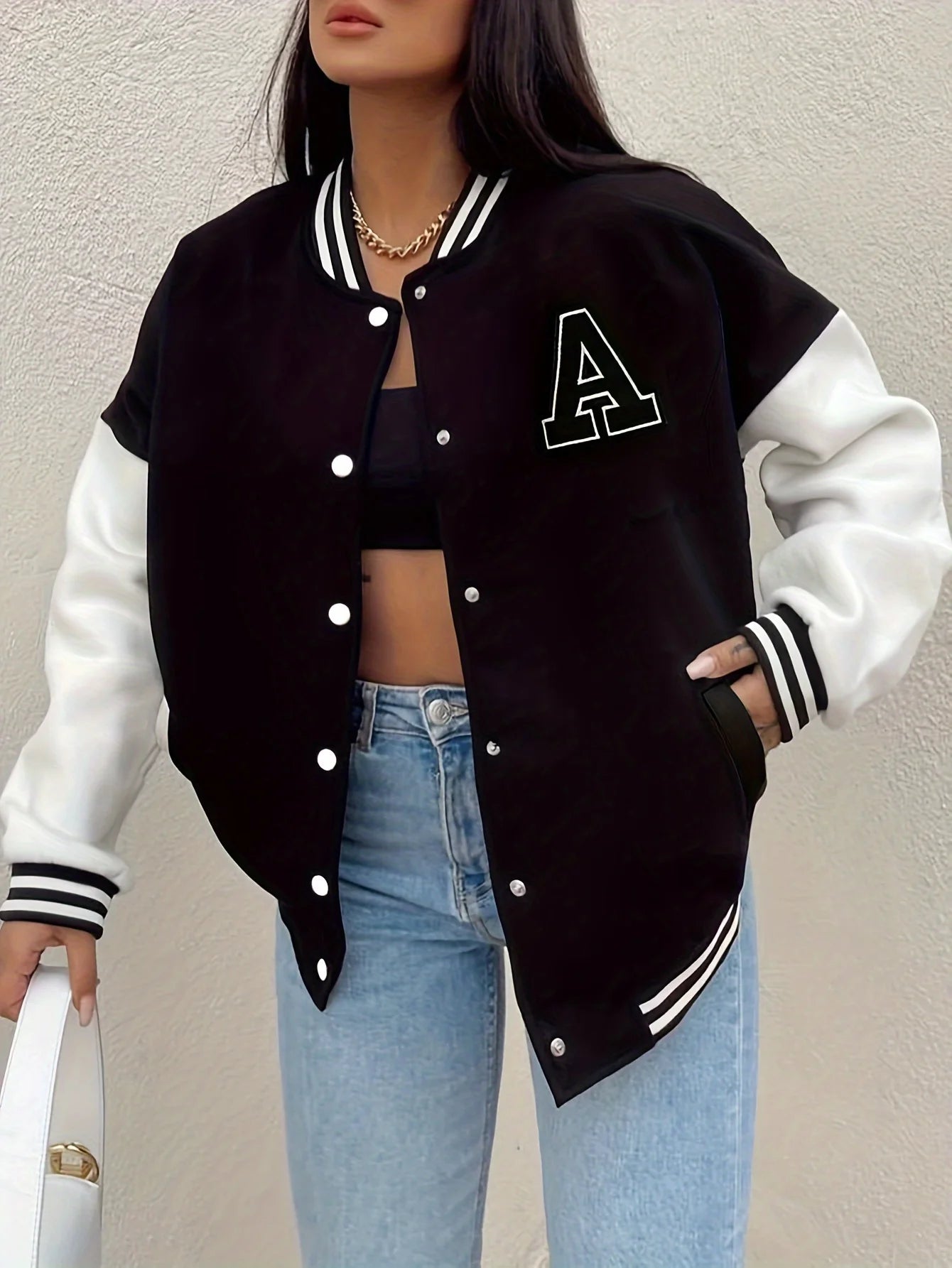 New Arrival Letter Rib Sleeve Top Fashion Logo Single Breasted Casual Bomber Baseball Jacket Loose Cardigan Coat