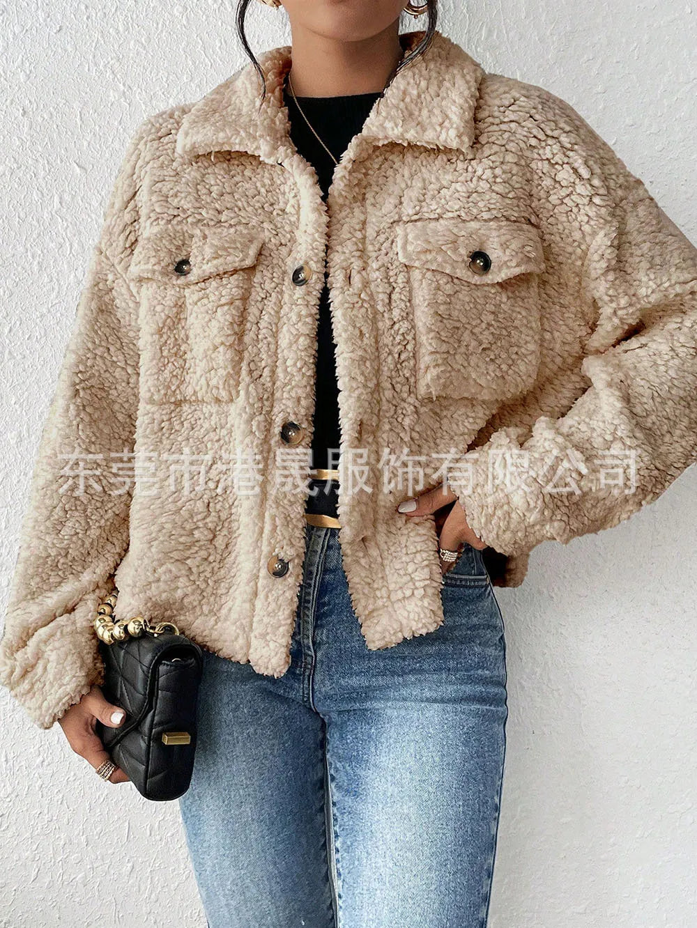 Casual Women's Coats Autumn And Winter Lapel Plush Jacket Short Women Jacket New Fashion White Pockets Tops Coat Streetwear