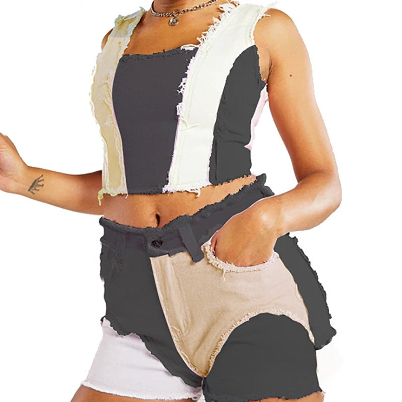 Jeans Women Straight Pants Patchwork Denim Trousers Splice Color Contrast Tassel PantsTrendy Fashion Streerwear Style Cool