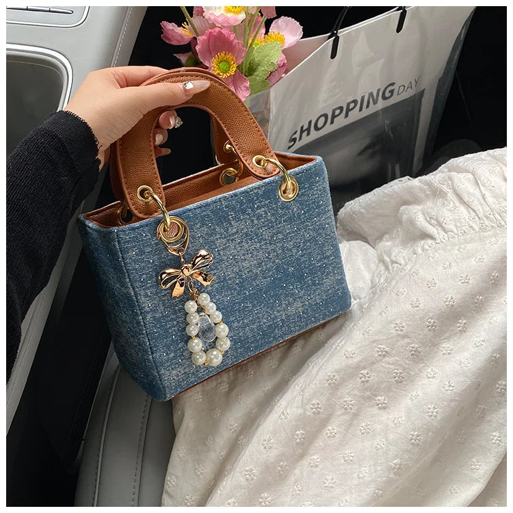 Women's Diamond Denim Clotch Handbag Korean Chic Retro Mini Single Shoulder Crossbody Bags Elegant Luxury Party Square Clutch