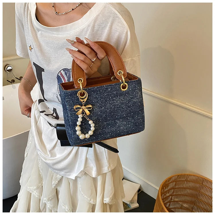 Women's Diamond Denim Clotch Handbag Korean Chic Retro Mini Single Shoulder Crossbody Bags Elegant Luxury Party Square Clutch