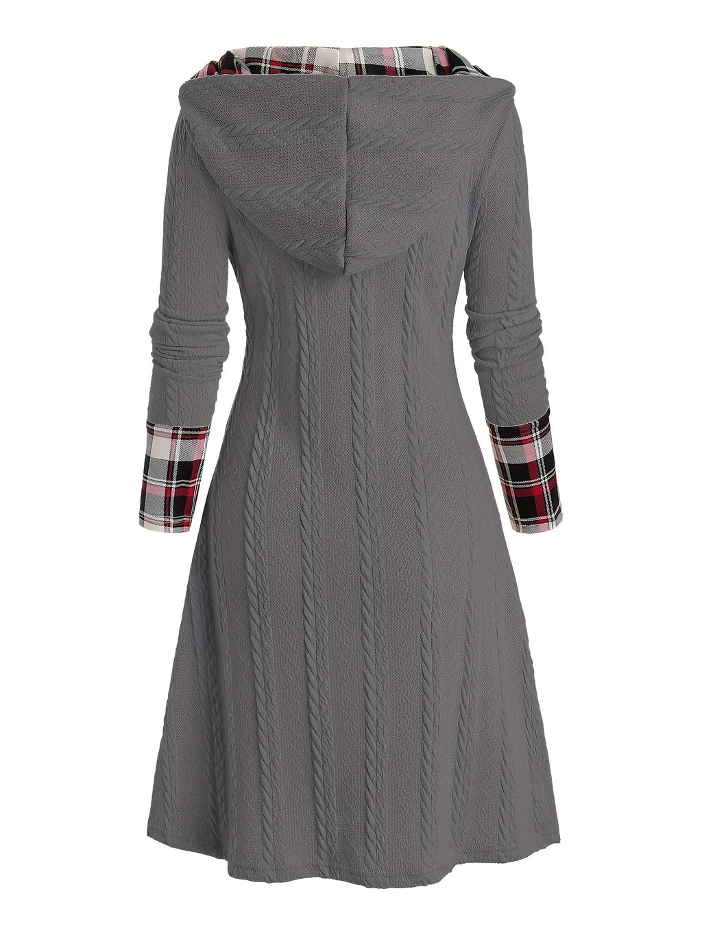 Knitted hooded dress plaid print stitching fake buckle high waist long sleeve A-line dress female