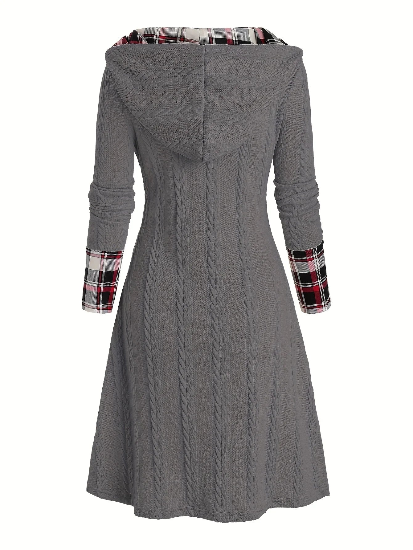 Knitted hooded dress plaid print stitching fake buckle high waist long sleeve A-line dress female