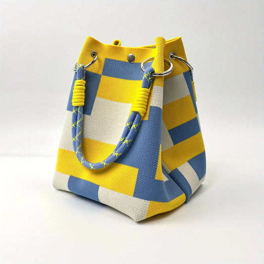 Korean Colorful Stripe Bucket Bag,Knitted Woven Women Tote Bag,Contrast Color Handbag,Versatile Simple Rope Knot Clutch Purse