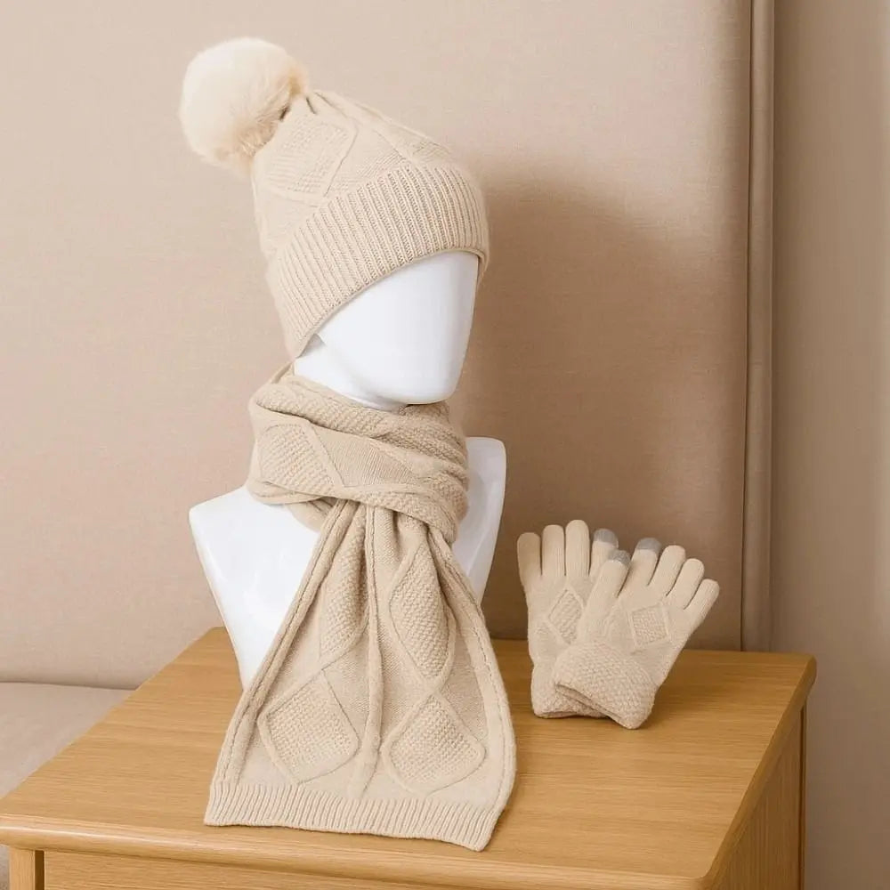 Beanies Cap Elastic Scarf and Hat Set Touch Screen Warm Cold Proof Gloves Ball Rhombus Patterned Knitted Scarf Women