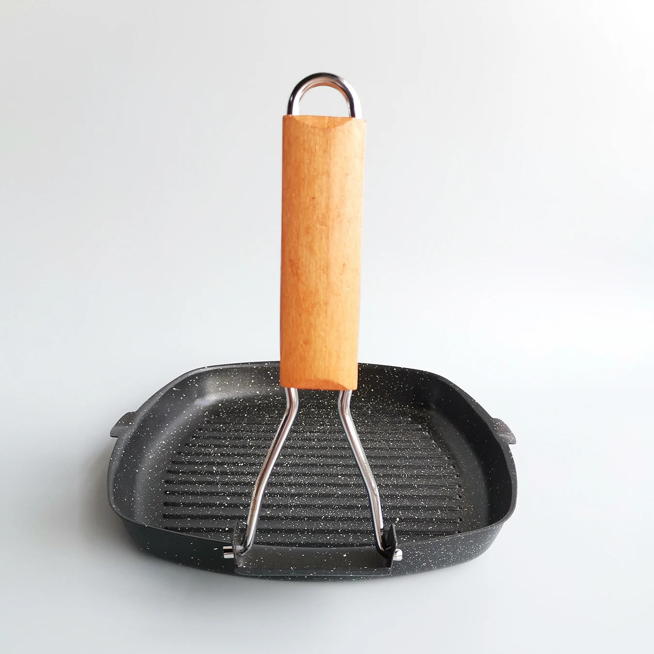 Foldable Portable Frying Pan Picnic Grill Pan Anti-scald Wooden Handle Outdoor Grill Pan Double Mouth Steak Pan