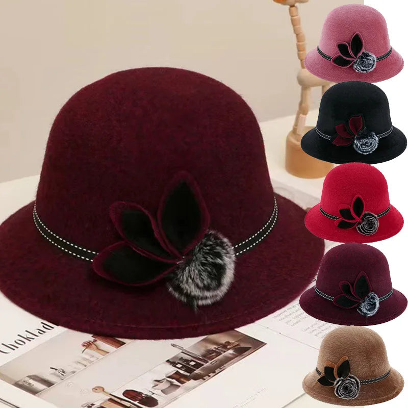 Fedoras Cap Jazz Cap Women Pompom Dome Hat Bowler Dome Wool Hat Vintage Elegant Wool Ladies Church Hat Winter Autumn Warm Cap