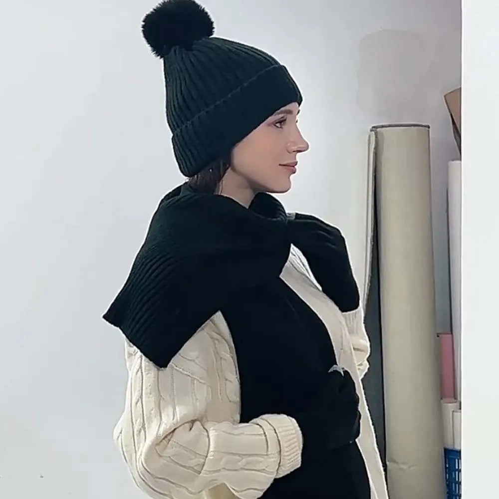 Beanies Cap Elastic Scarf and Hat Set Warmer Mittens Soft Cold Proof Gloves Acrylic Fibers Plush Ball Woolen Hat Daily