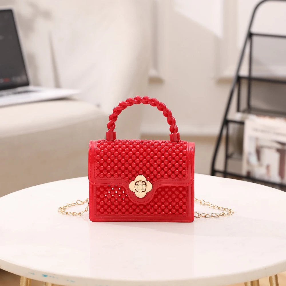 Trendy Red Jelly Shoulder Bag - Mini Fried Dough Twists Pattern Cute Handheld Purse with Metal Chain Strap for Women