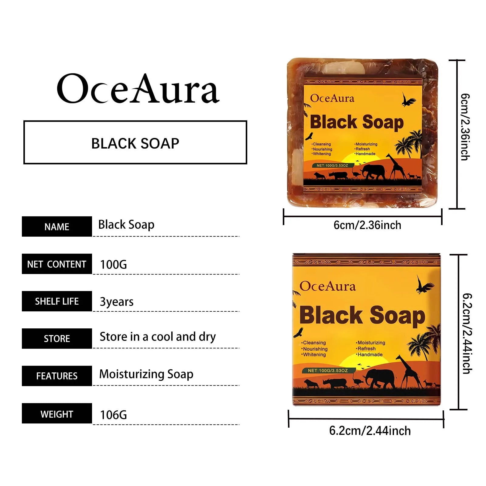 OCEAURA Body Cleansing Black Soap Gently Clean Skin Surface Maintain Water & Oil Balance Reduces Skin Tightness Keep Comfortable