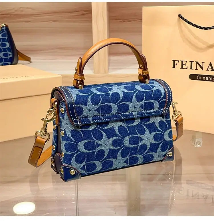 Ladies' handbag, light luxury retro denim canvas box bag, 2025 new high-end style, contrasting color single shoulder small squa
