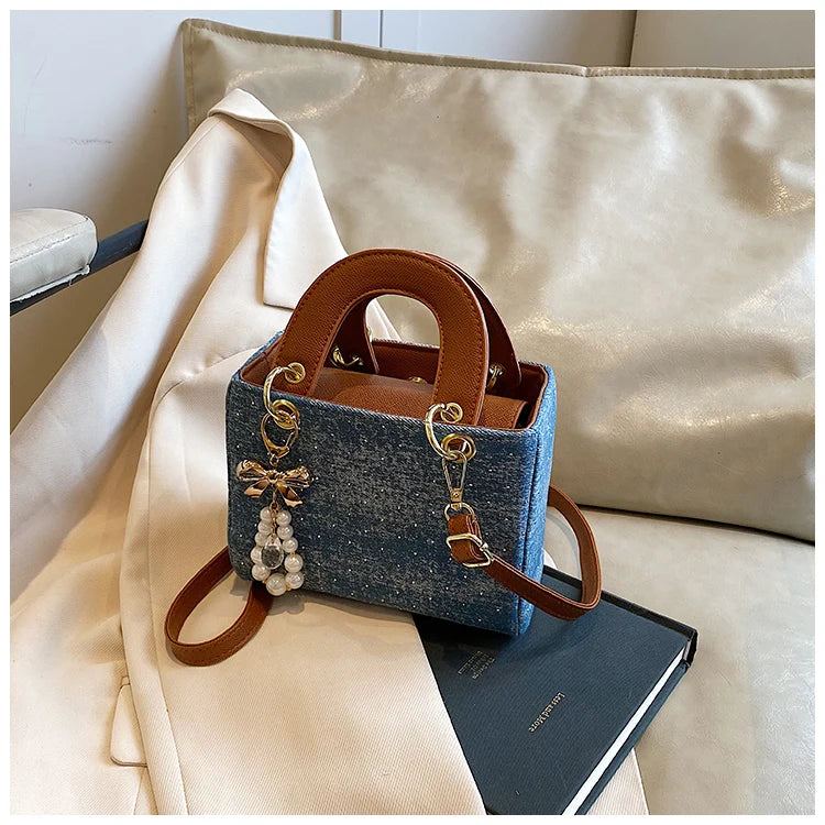 Women's Diamond Denim Clotch Handbag Korean Chic Retro Mini Single Shoulder Crossbody Bags Elegant Luxury Party Square Clutch