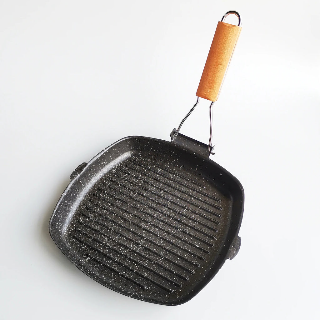 Foldable Portable Frying Pan Picnic Grill Pan Anti-scald Wooden Handle Outdoor Grill Pan Double Mouth Steak Pan