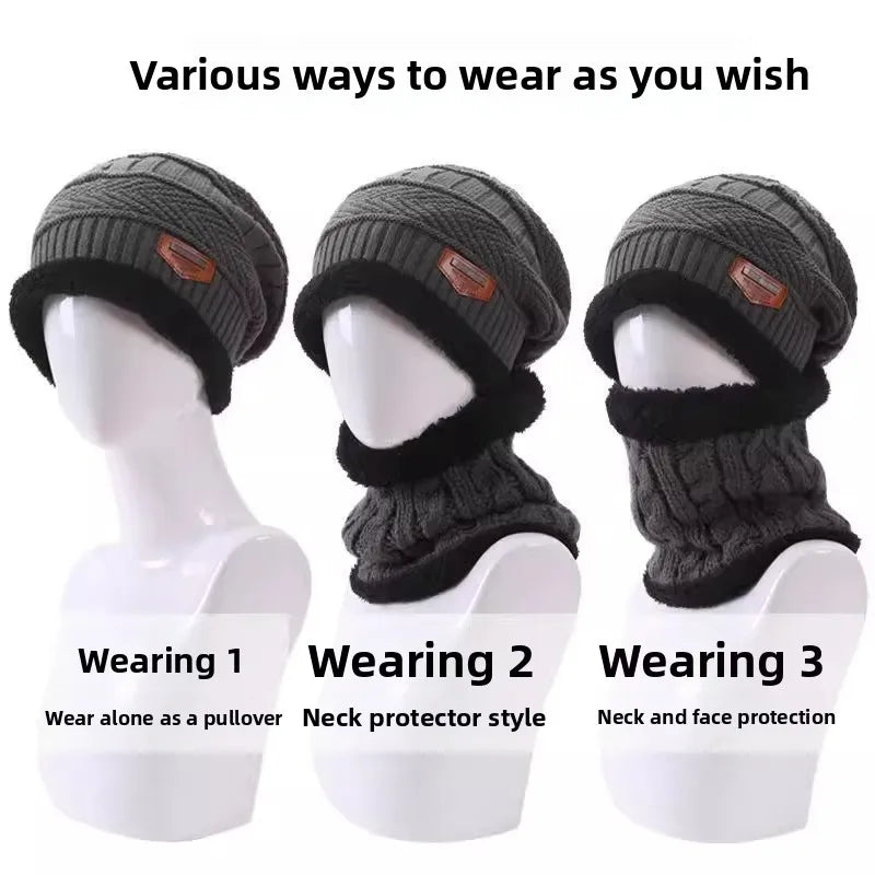 Winter Hats Knit Cap Men Women Velvet Hat Coral Fleece Scarf Outdoor Riding Hat Warm Thickening Plus Neck Mask Protect Cap
